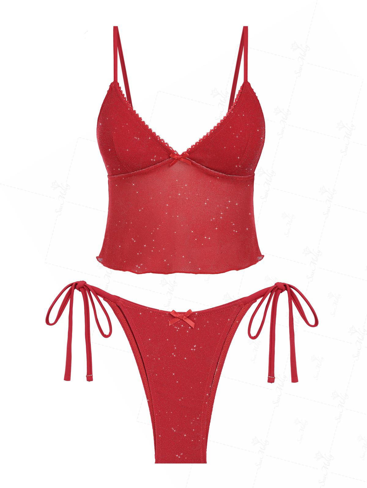 Scarlett | Conjunto de bikini con ribete de encaje rojo pasión