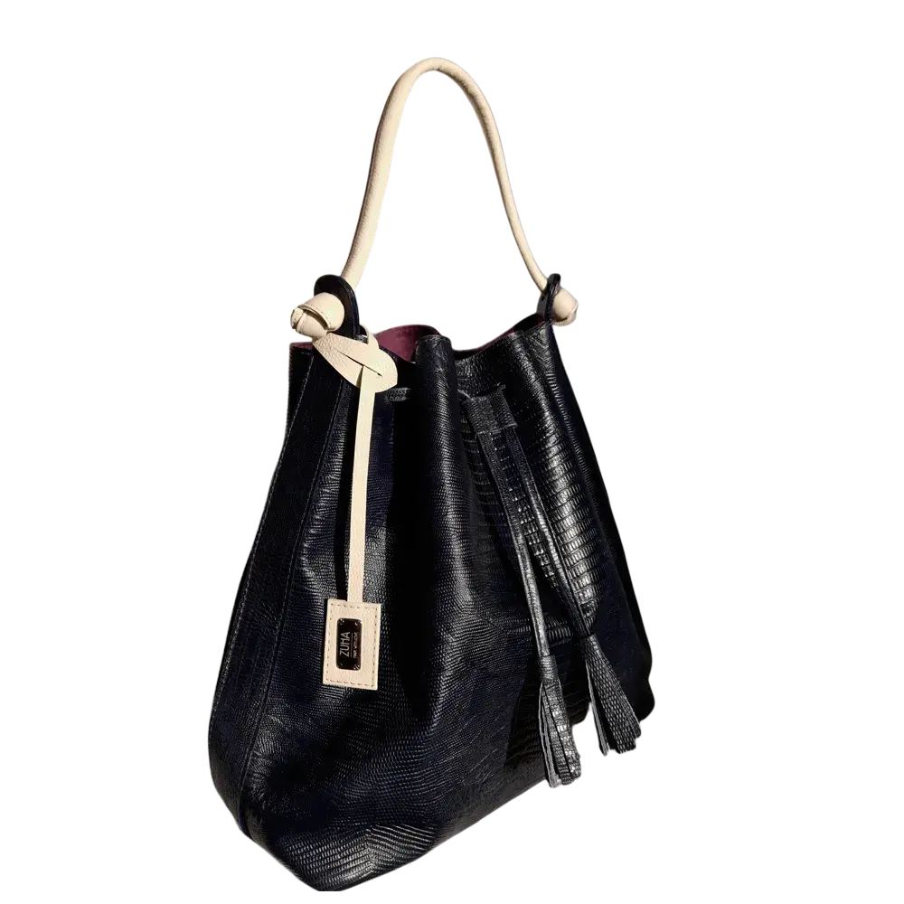 Bolso de mano de cuero negro para mujeres en diseño de reptil jade