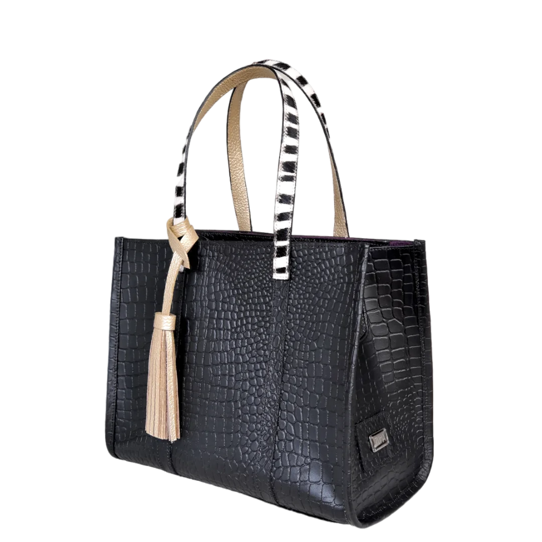 Bolso de Mano de Reptil de Cuero Negro para Mujer Greta