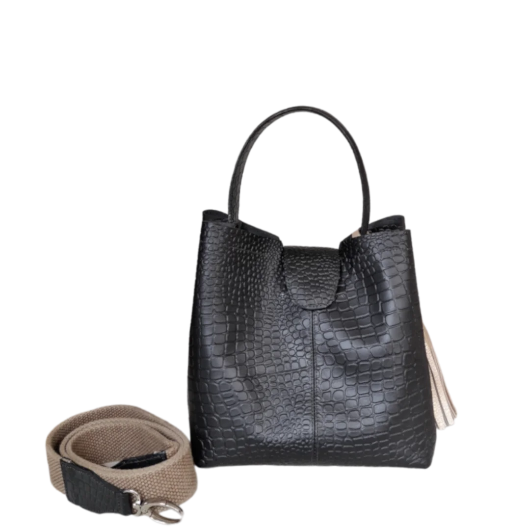 Bolso de mano pequeño negro de cuero para mujeres - Lucia Reptil
