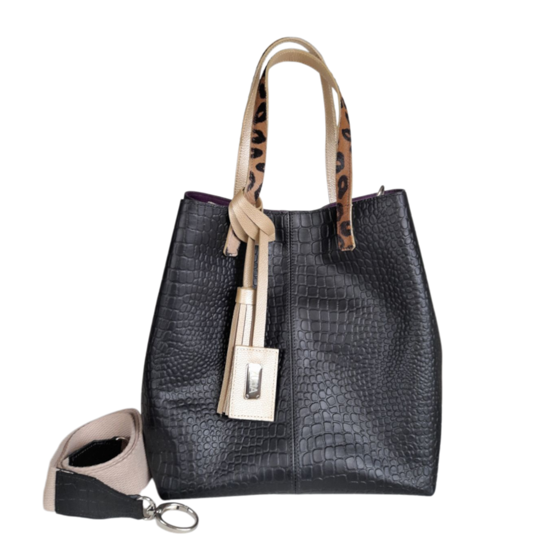 Bolso de mano de cuero negro Giulia Reptil para damas