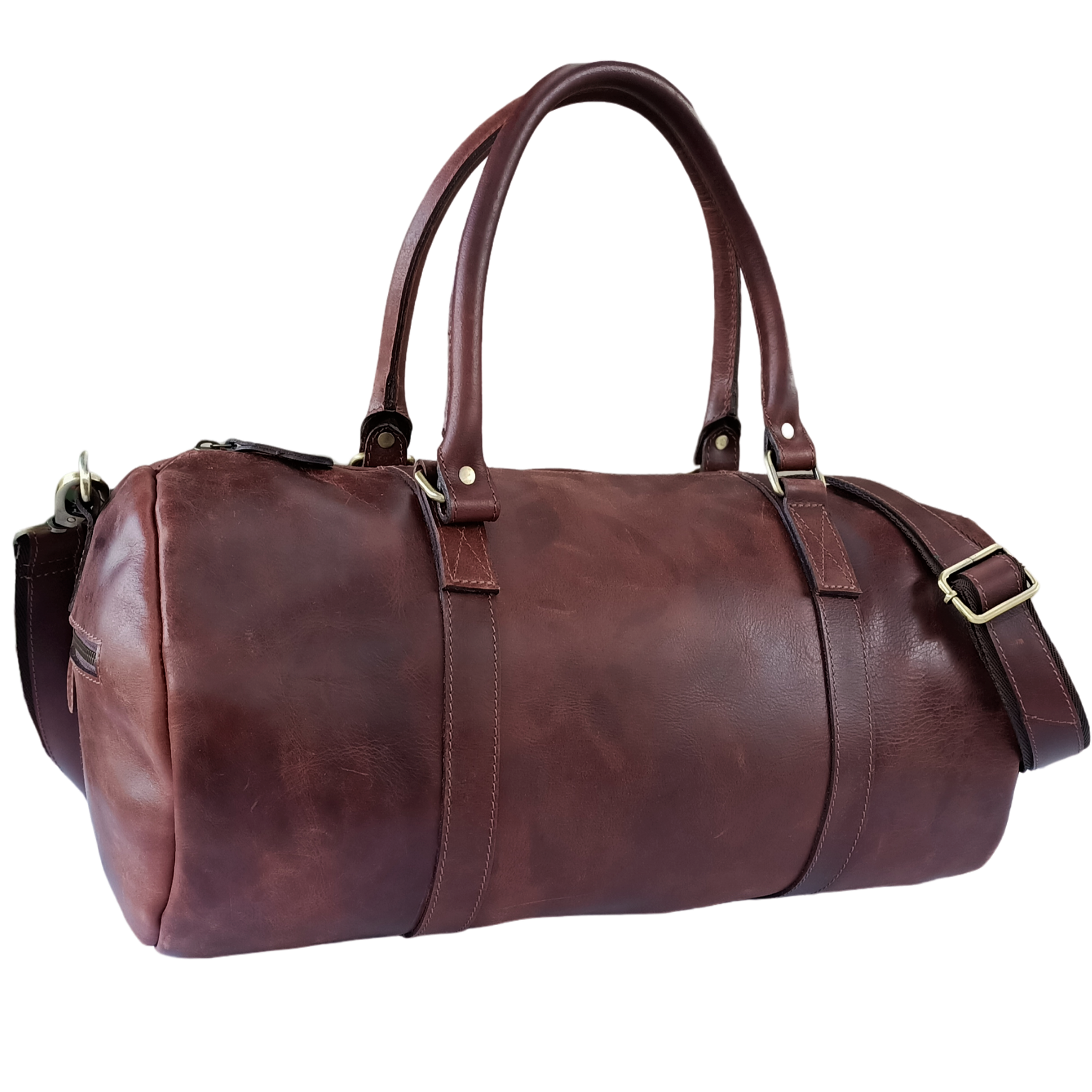 Bolso de viaje de cuero marrón en tono oscuro