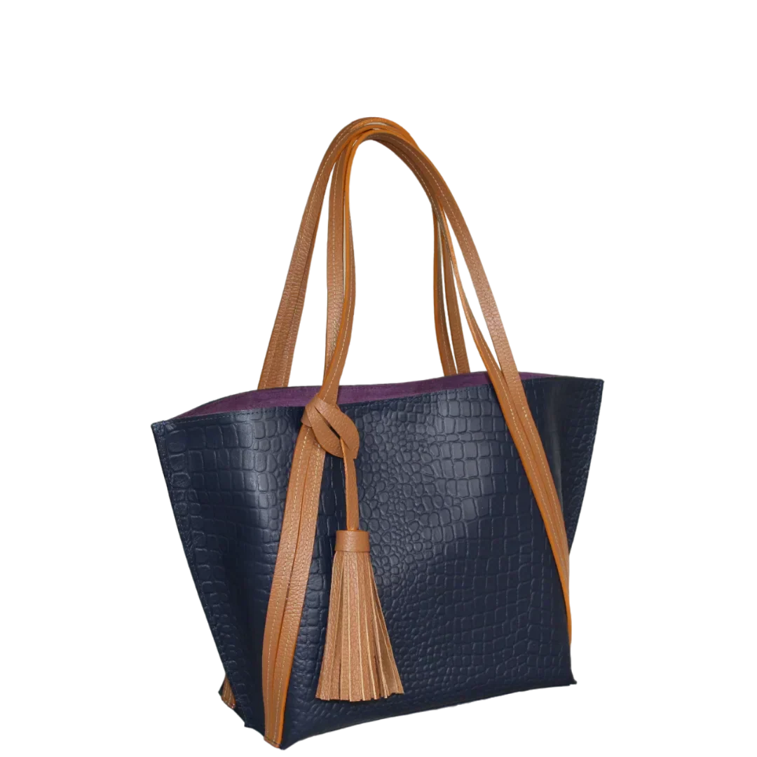 Bolso de mano de cuero para dama Eleonora en azul oscuro con diseño de reptil