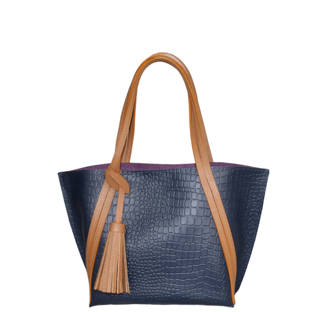 Bolso de mano de cuero para dama Eleonora en azul oscuro con diseño de reptil