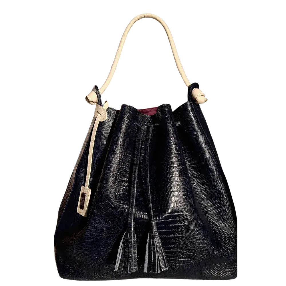 Bolso de mano de cuero negro para mujeres en diseño de reptil jade