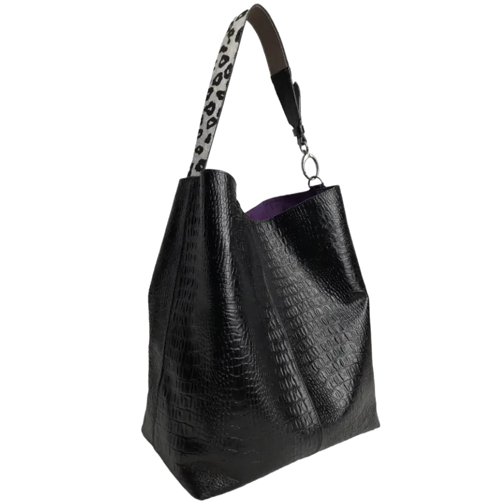 Bolso de Mano de Cuero Negro Serenity Reptil para Mujeres