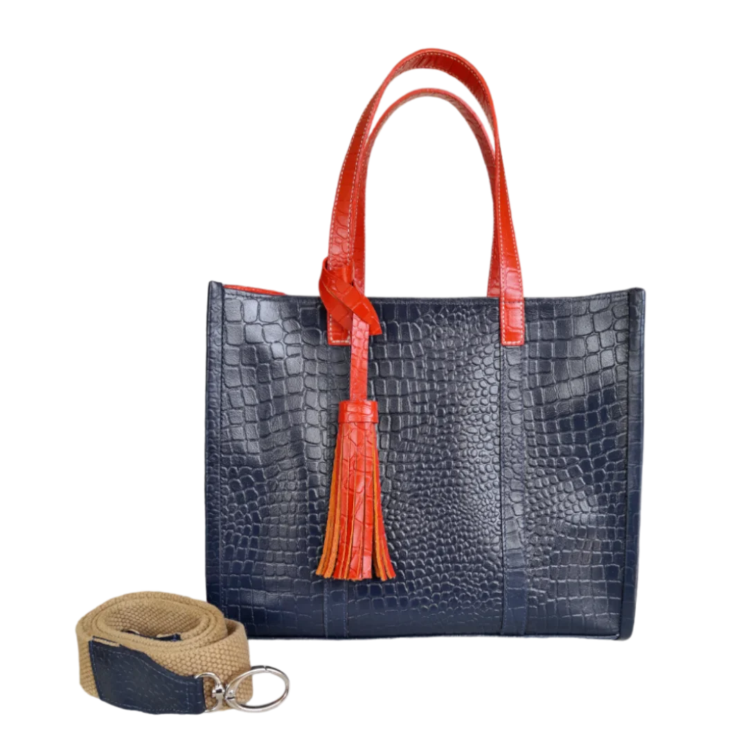 Bolso de mano para mujer Greta en azul oscuro con estampado de reptil