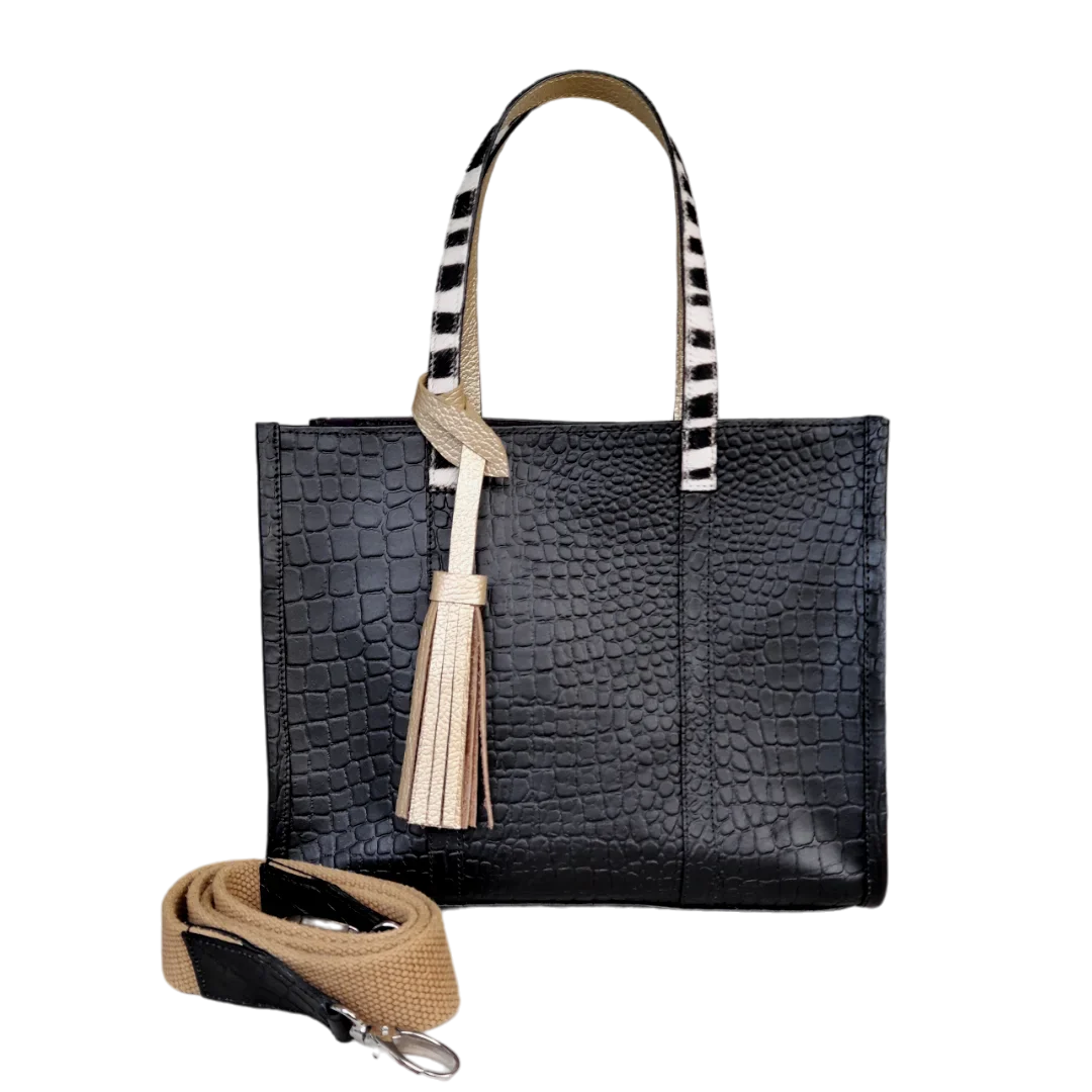 Bolso de Mano de Reptil de Cuero Negro para Mujer Greta