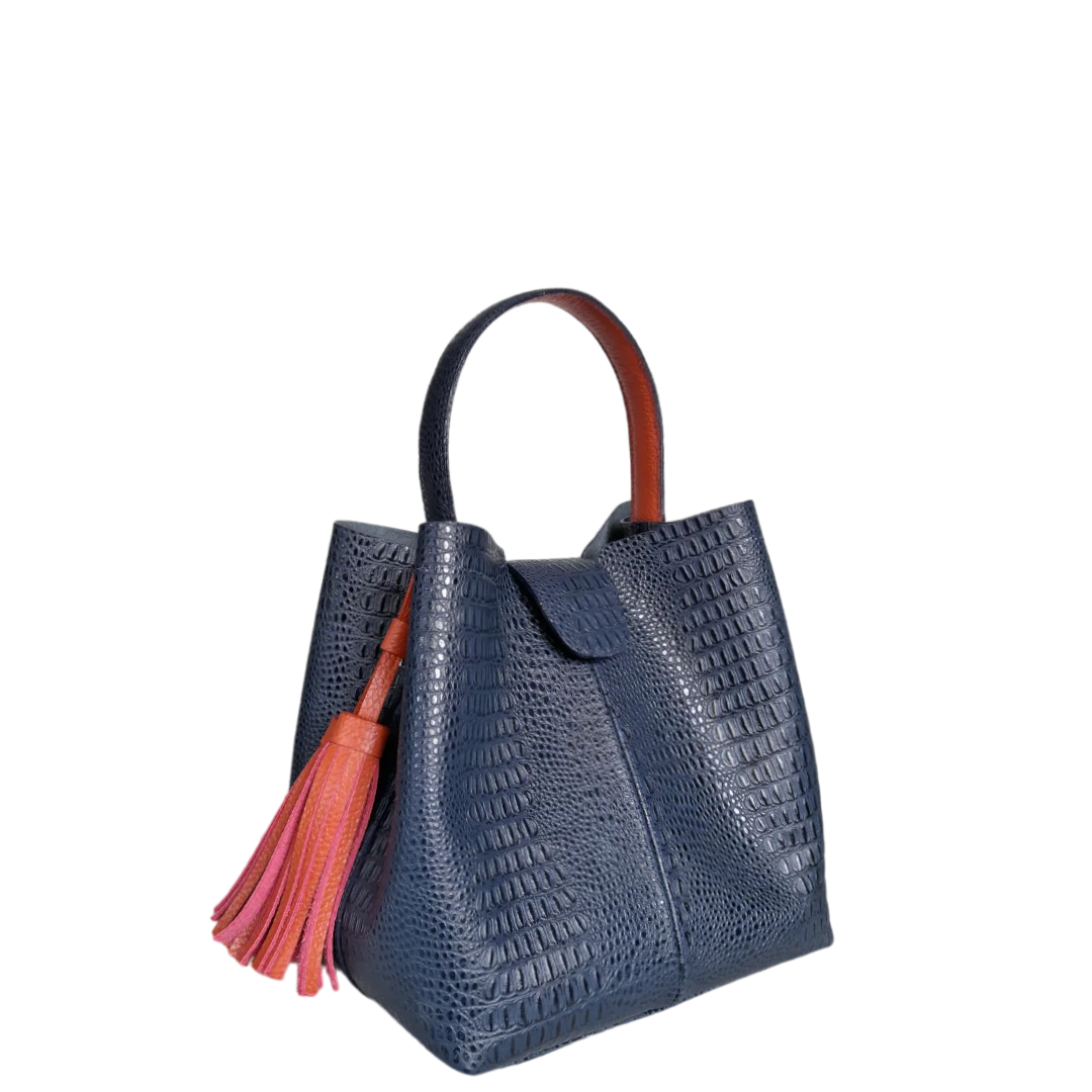 Bolso de mano pequeño para damas Lucia de piel de lagarto azul oscuro