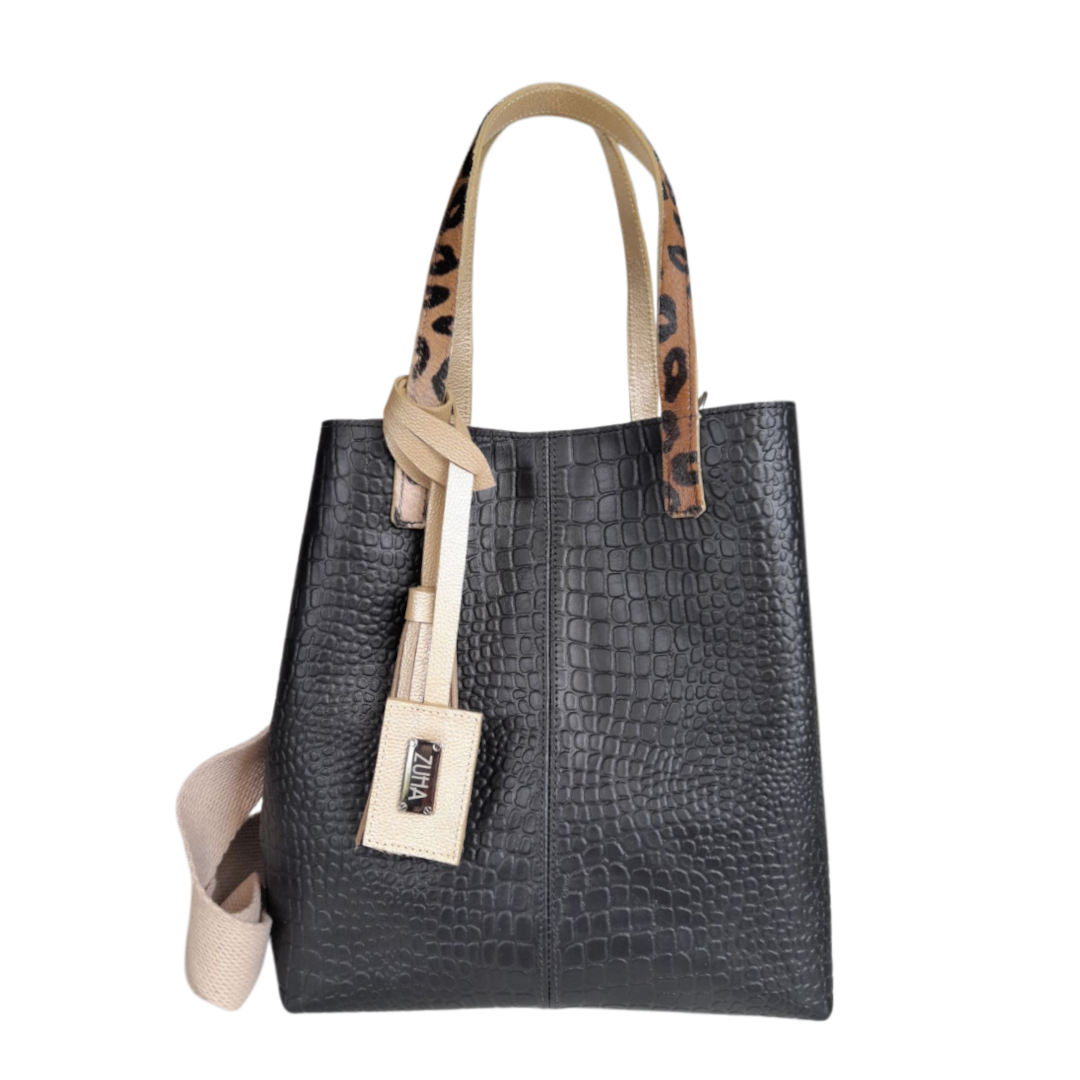 Bolso de mano de cuero negro Giulia Reptil para damas