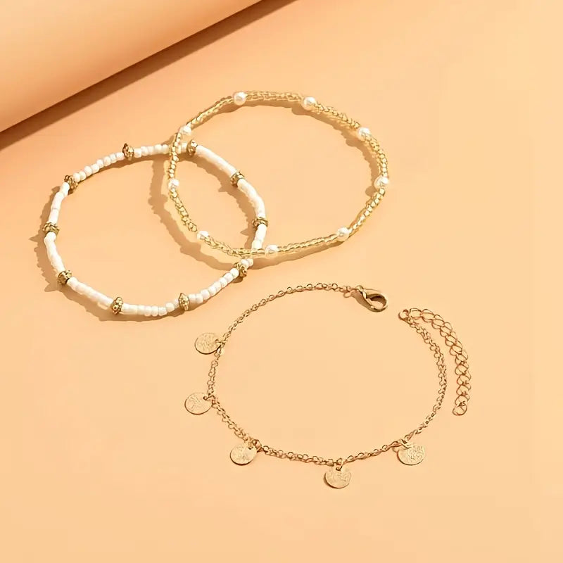 Juego de 3 tobilleras en capas Coastal Charm | Oro