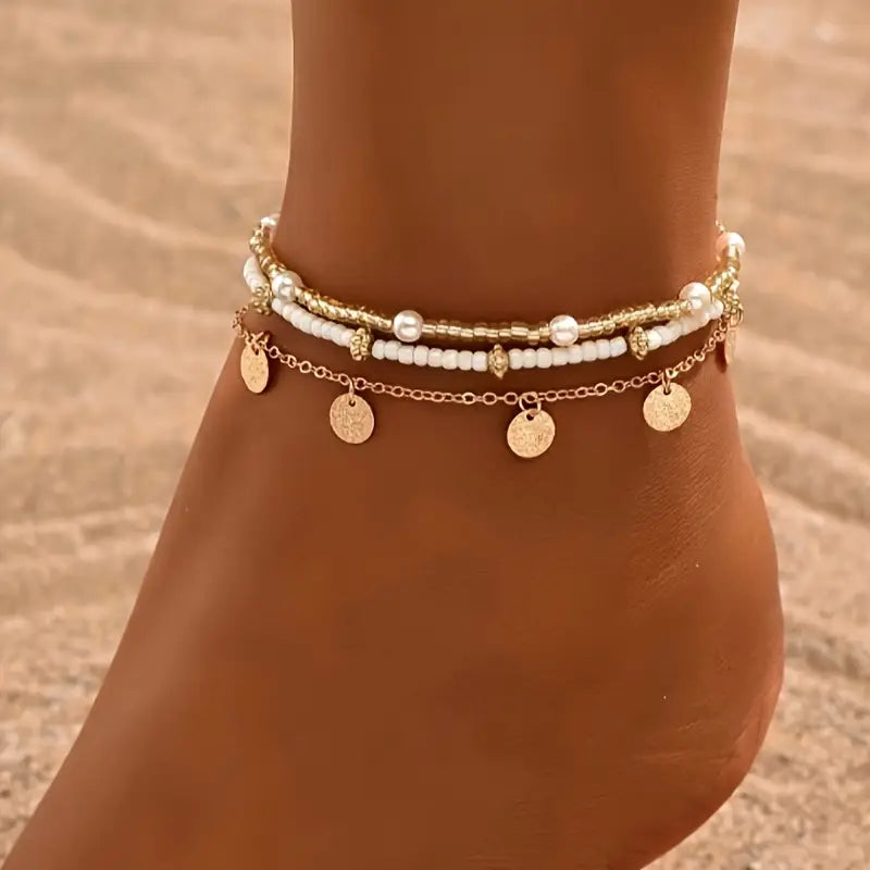 Juego de 3 tobilleras en capas Coastal Charm | Oro