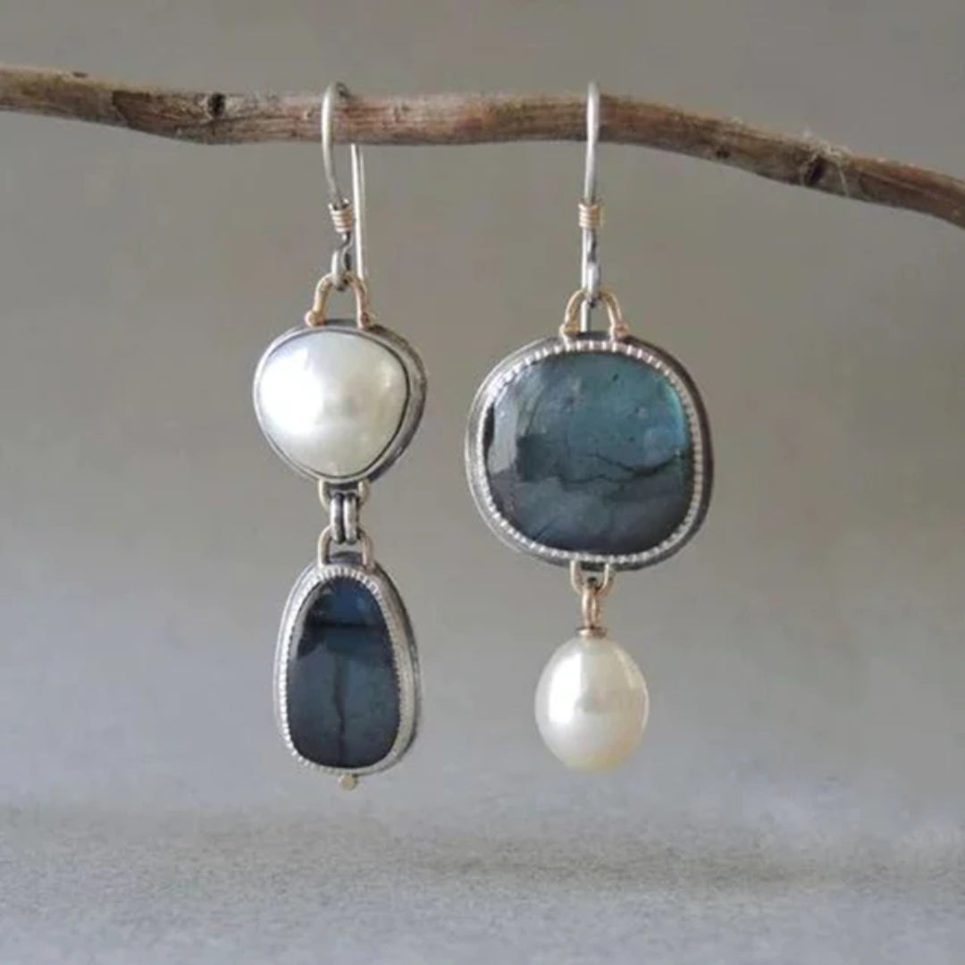 Pendientes de Perla de Piedra Azul Vintage