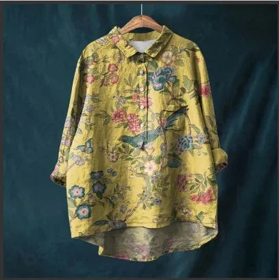 Button Down Collar Shirts For Women Flower Pattern Printed Women'S Lapel Neck Casual Cotton And Linen Long Tops For Women V Neck