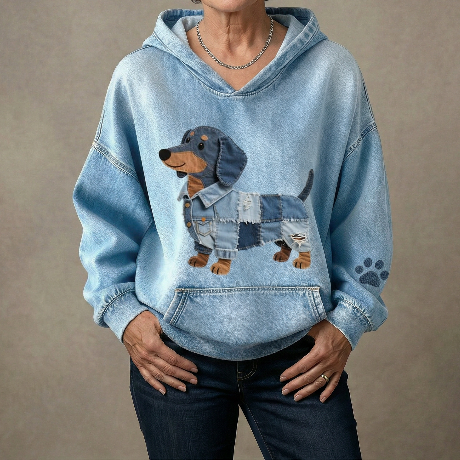 Brooklyn - Sudadera de mezclilla con parche de dachshund