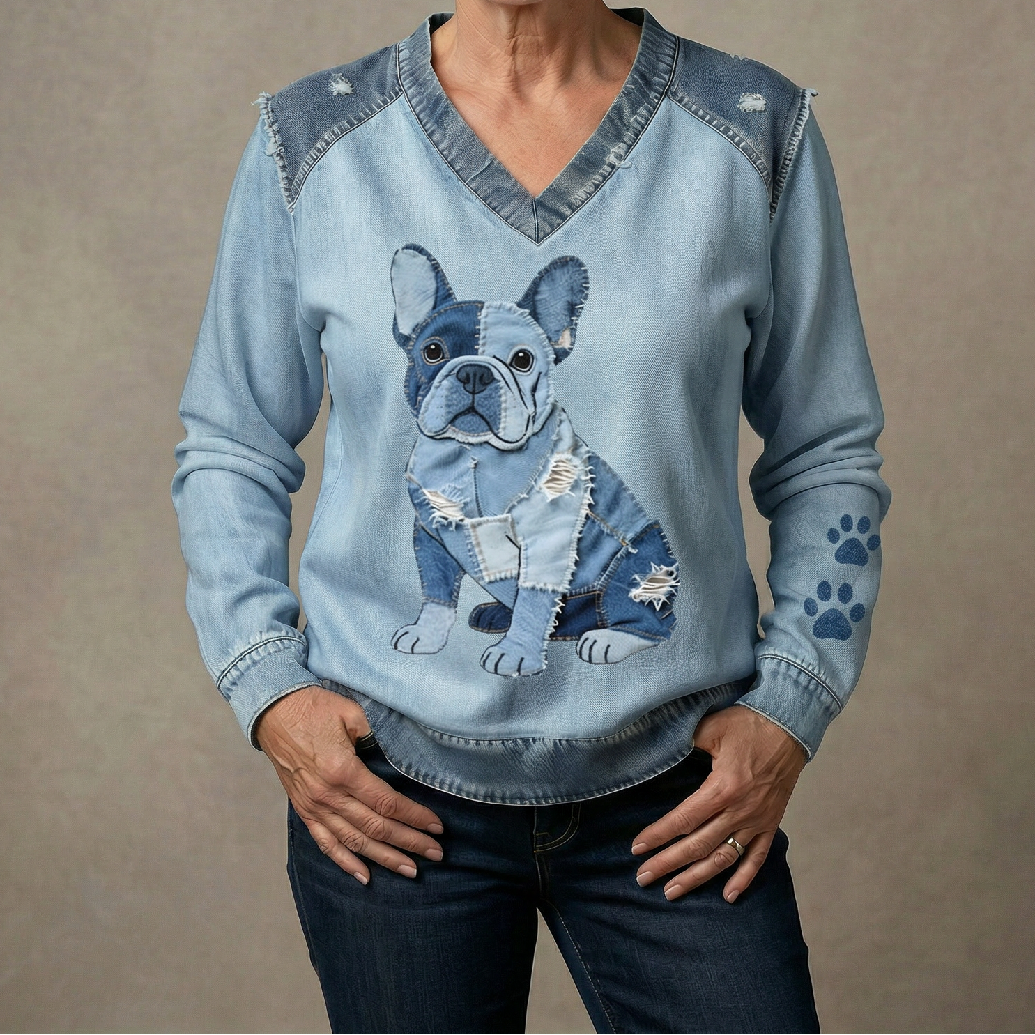 Audrey - Sudadera de Patchwork de Mezclilla Estilo Bulldog Francés