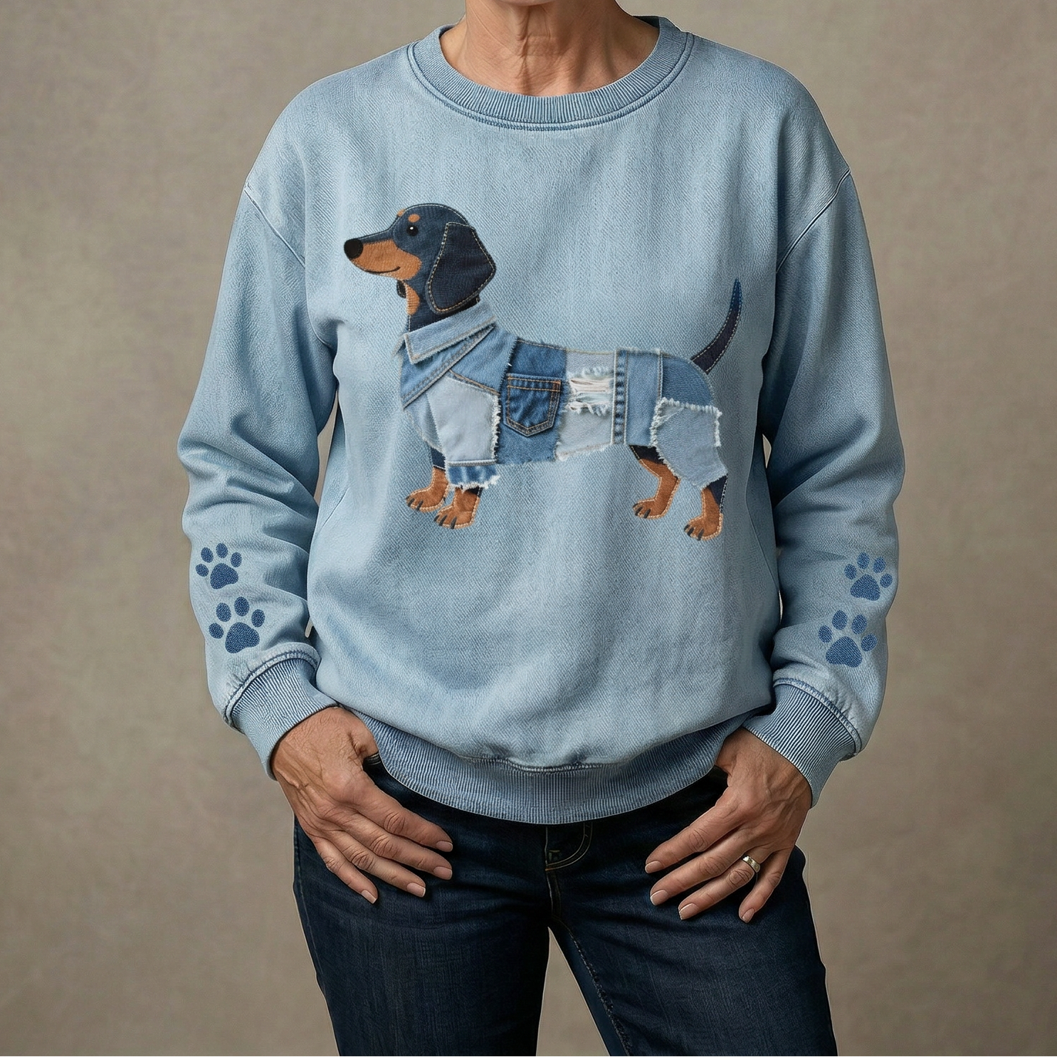 Zoe - Sudadera de Patchwork de Denim con Motivo de Teckel