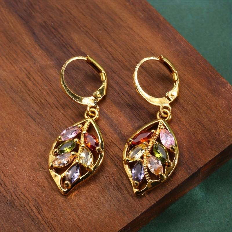 Pendientes de Hoja de Oro Vintage con Zirconias de Colores